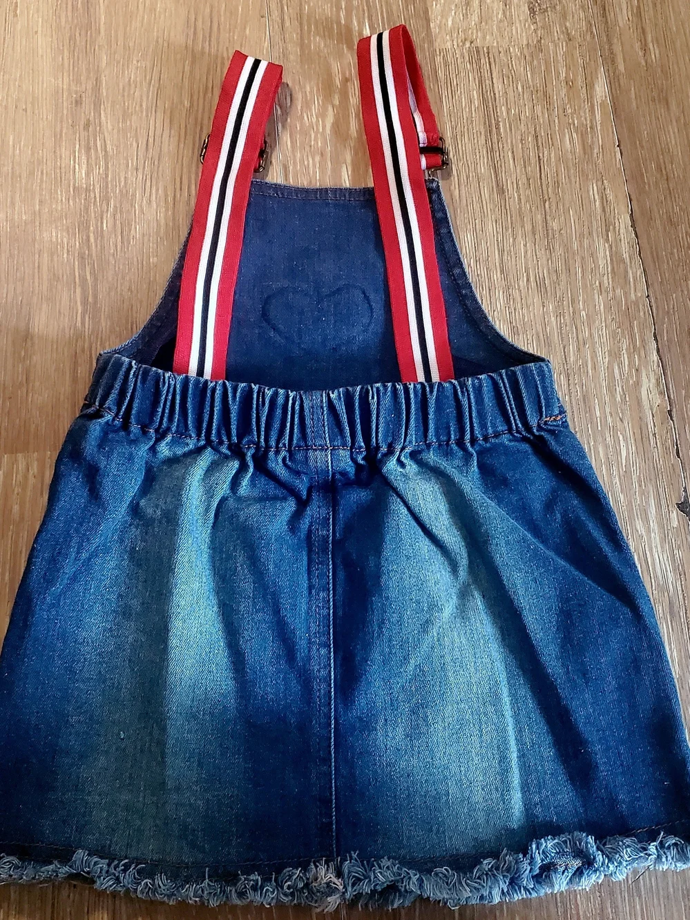 Girls Chief Denim Overall Dress with Pink Cupcake Patch and Red Straps